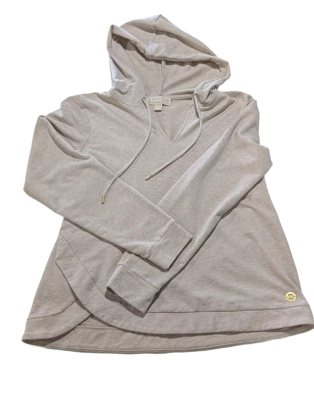Micheal Kors Oatmeal V Neck Hoodie Pull Over with Gold Tones Women's Size Large